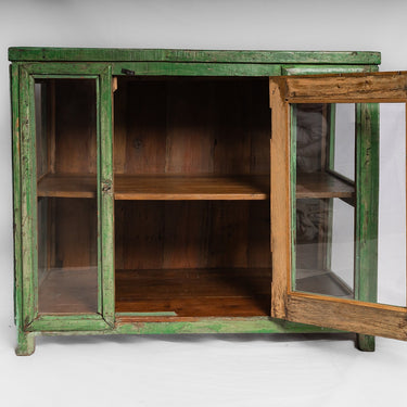 Glass-fronted 3 panel green wooden cabinet