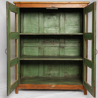 Timber & glass fronted cabinet w green interior