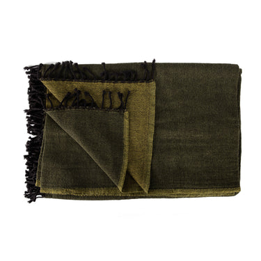 A stack of folded merino wool throws in various solid colors with fringed ends.Merino Boiled Wool Throw khaki green