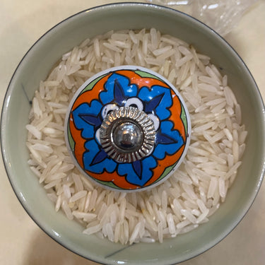 Hand Painted Ceramic Knobs two blues orange green & white round