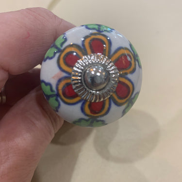 Hand Painted Ceramic Knobs red orange blue green on white round