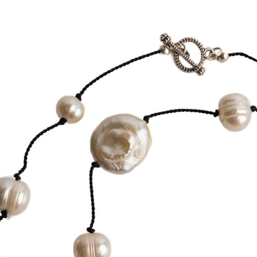 Coin & potato pearl black silk signature necklace