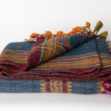 organic indigo & natural dye deshi wool hand spun & hand woven throw