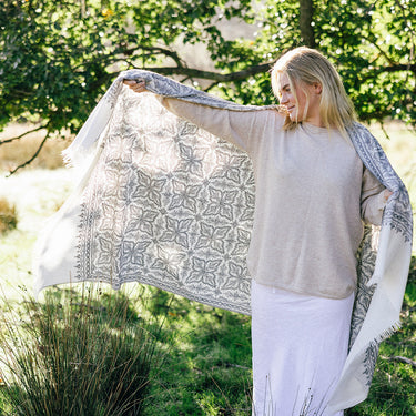 jali jama natural cream shawl with intricate steel grey embroidery
