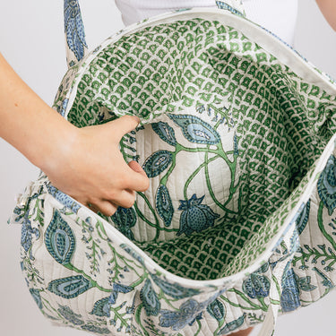 Green & Blue Block Printed Quilted Overnighter