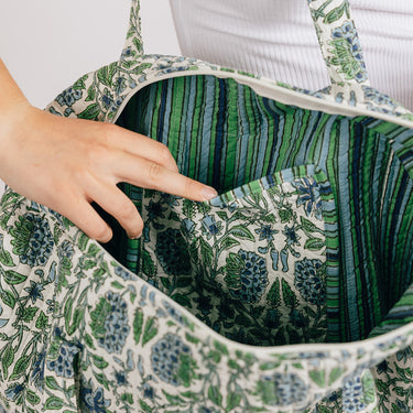 Green & Blue Block Printed Quilted Overnighter