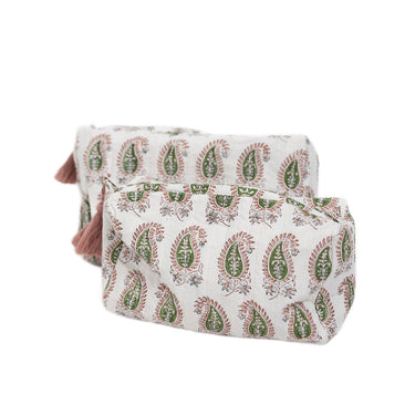 Pink & green block printed quilted sponge bag