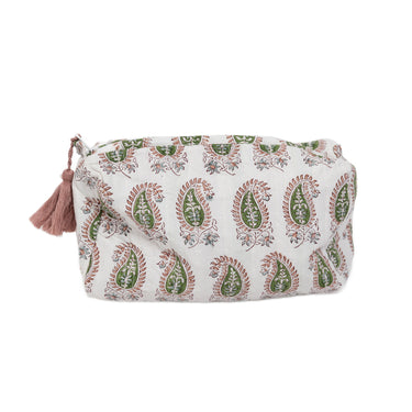 Pink & green block printed quilted sponge bag