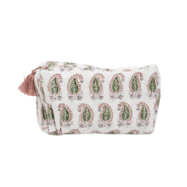 Pink & green block printed quilted sponge bag