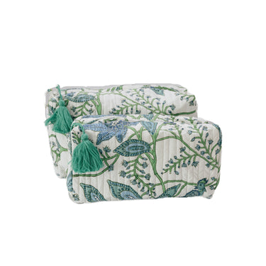 Green & blue block printed quilted sponge bag