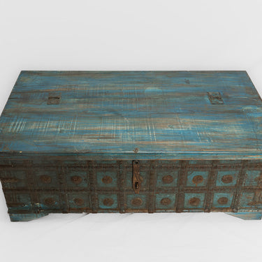Blue low trunk with metal front & flower pattern