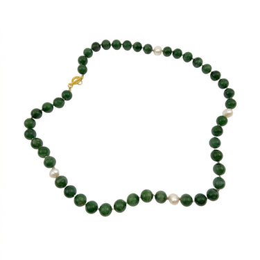 A beaded necklace featuring dark green polished round beads and a few small white pearl-like accents, with a gold-tone clasp, displayed on a clean white background.
