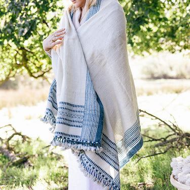 indigo & natural organic deshi wool hand-spun & woven throw
