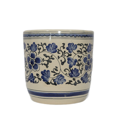 Blue & White Floral Straight Side Ceramic Pot