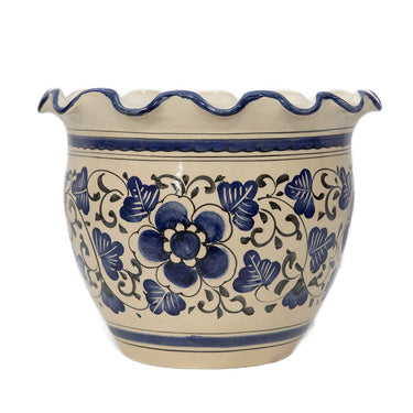 Blue & White Floral Round Scallop Edge Ceramic Planter