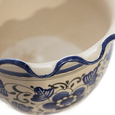 Blue & White Floral Round Scallop Edge Ceramic Planter