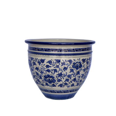 Blue & White Floral Round Ceramic Planter