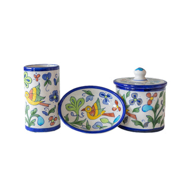 Set of three ceramic bathroom accessories with colourful bird designs