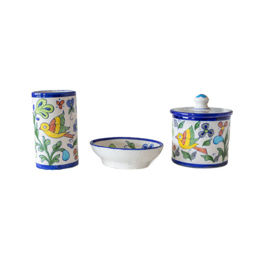 Set of three ceramic bathroom accessories with colourful bird designs