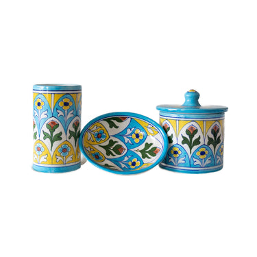 Set of three ceramic bathroom accessories with turquoise and multi coloured pattern 