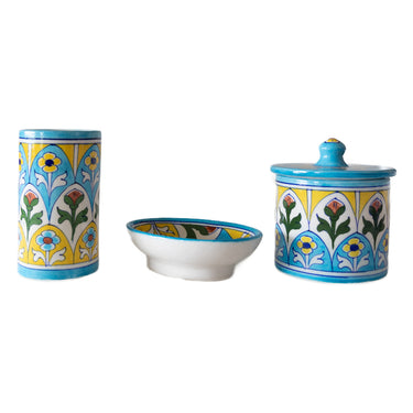 Set of three ceramic bathroom accessories with turquoise and multi coloured pattern 
