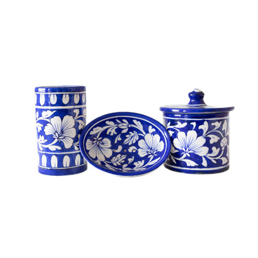 Set of three ceramic floral blue bathroom accessories 