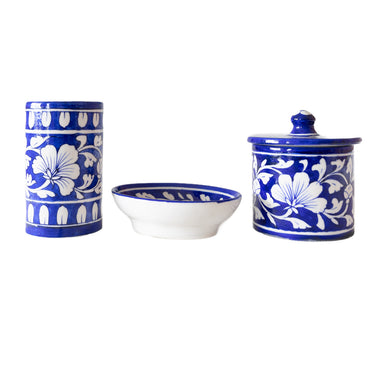 Set of three ceramic bathroom accessories with blue and white floral patterns 