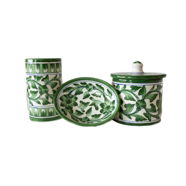 Set of three ceramic bathroom accessories with green floral patterns 