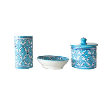 Set of three ceramic bathroom accessories with blue and white pattern 