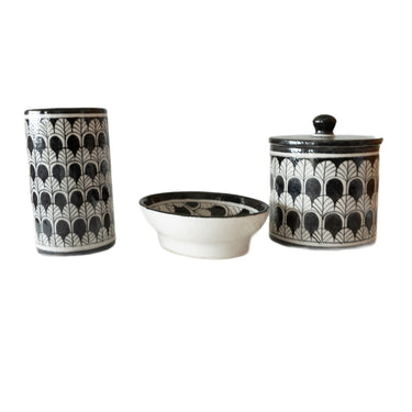Set of three black and white patterned ceramic bathroom accessories 
