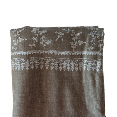 Hand Embroidered White Floral Stole on Checked Hand-Loomed Natural Organic Cashmere