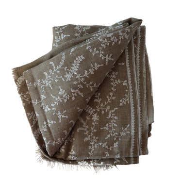 Hand Embroidered White Floral Stole on Checked Hand-Loomed Natural Organic Cashmere