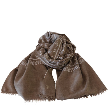 Hand Embroidered White Floral Stole on Checked Hand-Loomed Natural Organic Cashmere