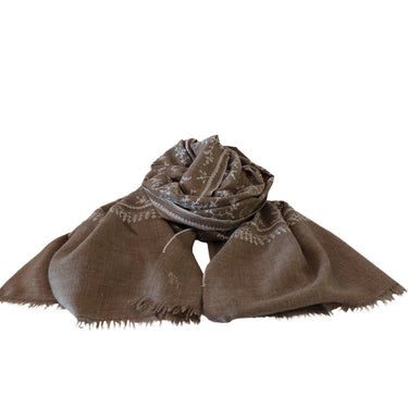 Hand Embroidered White Floral Stole on Checked Hand-Loomed Natural Organic Cashmere