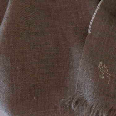 Hand Embroidered White Floral Stole on Checked Hand-Loomed Natural Organic Cashmere