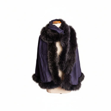 Navy blue cashmere wrap with  fur edge