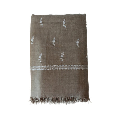 Hand Embroidered White Sprig Shawl on Checked Hand-Loomed Un-Dyed Organic Cashmere