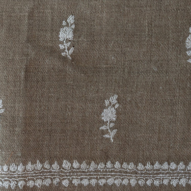 Hand Embroidered White Sprig Shawl on Checked Hand-Loomed Un-Dyed Organic Cashmere