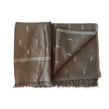 Hand Embroidered White Sprig Shawl on Checked Hand-Loomed Un-Dyed Organic Cashmere