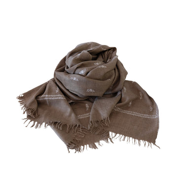 Hand Embroidered White Sprig Shawl on Checked Hand-Loomed Un-Dyed Organic Cashmere