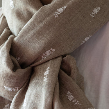 Hand Embroidered White Sprig Shawl on Checked Hand-Loomed Un-Dyed Organic Cashmere
