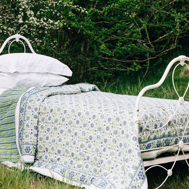 Green & blue block printed cotton quilt