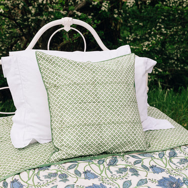 Green & blue block printed cotton cushion cover