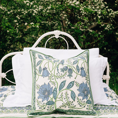 Green & Blue Block Printed Cotton Cushion Cover