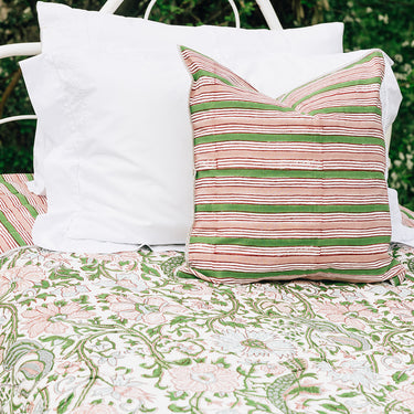 Pink & green block printed cotton cushion cover