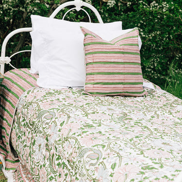 Pink & green block printed cotton quilt