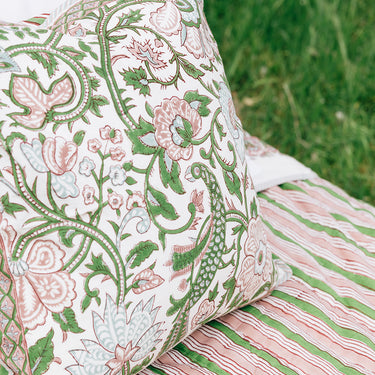 Pink & green block printed cotton cushion cover