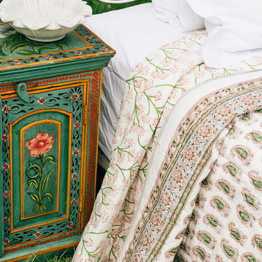 Pink & Green Block Printed Cotton Quilt