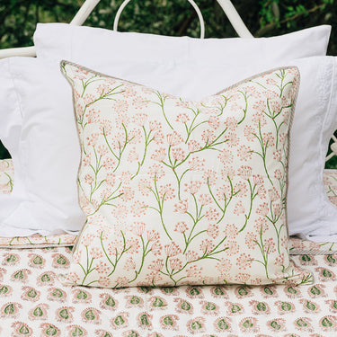 Pink & green block printed cotton cushion cover