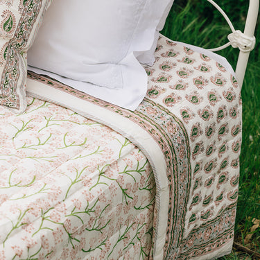 Pink & green block printed cotton quilt